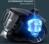 A cutaway view of a vacuum cleaner, highlighting its powerful motor with a blue glowing effect. Produktbild-Vorschau