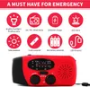 A red emergency radio with various features highlighted by icons and text. Podgląd zdjęcia produktu
