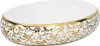 A white oval basin with a gold floral pattern around the rim, shown from a side angle against a white background. Náhled obrázku produktu