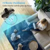 A fan is shown oscillating in a living room, with a woman working on a laptop on a couch and a child playing on a rug. Produktbild-Vorschau