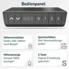 A close-up view of a black control panel for a height-adjustable desk, with accompanying descriptive text boxes. Produktbild-Vorschau