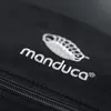 A close-up of a black fabric with a white embroidered logo and text. Produktbild-Vorschau
