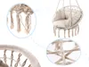 A collage of images showing a hanging chair, with close-ups of its macrame details and woven structure. Podgląd zdjęcia produktu