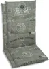 Two chair cushions stacked on top of each other, with a grey fabric and a pattern of text and decorative elements. Produktbild-Vorschau