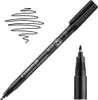 A black Staedtler Lumocolor permanent marker is shown diagonally against a white background, with a close-up of the tip on the right and a scribble of lines on the left. Produktbild-Vorschau