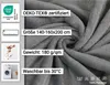 A close-up of a gray plush blanket with text overlays describing its features and certifications. Produktbild-Vorschau
