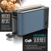 Collage featuring a blue toaster with buns in the background, highlighting its features with text overlays. Produktbild-Vorschau