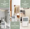 Collage of three scenes showing a dehumidifier in different settings: a bathroom, a room with clothes on a rack, and a bedroom. Podgląd zdjęcia produktu