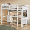 A white loft bed with a desk and shelves underneath, set against a light yellow wall. Náhled obrázku produktu