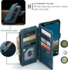 A collage of images showing a blue wallet-style phone case with card slots and a zipper pocket, along with close-ups of its features and text descriptions. Produktbild-Vorschau