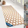 A long rug with a honeycomb pattern is laid out on a white floor. To the right, a collage of various rug designs is displayed.