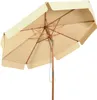 A beige umbrella with a wooden pole and frame, shown from a low angle against a white background. Voir les images du produit