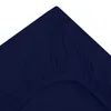 A close-up view of a dark blue fitted sheet, showing the elasticized edge. Produktbild-Vorschau