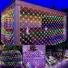 A collage of images showing colorful LED net lights used for decoration in various settings, including a gazebo, a bush, and indoors on furniture. Náhled obrázku produktu
