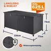 A large, dark grey, polyrattan storage box with dimensions and capacity indicated. Produktbild-Vorschau