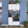 A white and wood-grain kitchen cabinet with various appliances and accessories. Produktbild-Vorschau