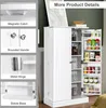 A white pantry cabinet with its doors open, showcasing its interior shelves filled with various items. The image is divided into sections, with close-ups of the cabinet's features like the magnetic catch, handles, hinges, and base. Náhled obrázku produktu