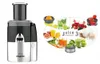 A collage of images showing a juicer and various fruits, vegetables, and juices. Podgląd zdjęcia produktu