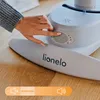 A hand is shown pressing buttons on a baby swing, with a noise level indicator at the bottom. Produktbild-Vorschau