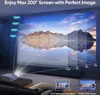 A projector is shown projecting an image onto a large screen in a dimly lit room. The image on the screen is a landscape with mountains and a reflection in water. Text overlays and diagrams illustrate the projector's features, such as screen size, distance Produktbild-Vorschau