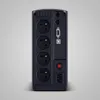 The back of a black CyberPower Tracer III VP700ELCD-FR UPS unit is shown against a light gray background. Anteprima dell’immagine prodotto