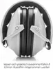 A pair of white and black earmuffs are folded and resting on a white surface, with a reflection visible below. Voir les images du produit