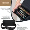 A person is holding open a black wallet, showing its compartments for bills and coins. Another image shows a black belt bag with a buckle. Podgląd zdjęcia produktu