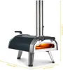 A pizza oven with a chimney on a white background, with dimensions indicated by yellow lines and text. Produktbild-Vorschau