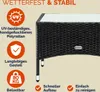 A close-up of a black rattan side table with a glass top, featuring marketing icons and text highlighting its features. Anteprima dell’immagine prodotto