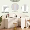 A white L-shaped desk with a stool in front of it, set against a light gray wall. The image is divided into sections highlighting product details. Podgląd zdjęcia produktu