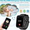 A smartwatch for children is shown with its features explained through text and icons, alongside a smartphone and a distressed child. Produktbild-Vorschau