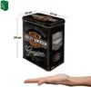A tin can with Harley-Davidson branding is shown with dimensions indicated and a hand for scale. Produktbild-Vorschau