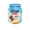 A jar of Lino Lada Milch spread with a slice of bread topped with the spread. Produktbild-Vorschau