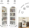 Two white storage shelves with clear doors are shown side-by-side. Icons and text indicating uses for the shelves are displayed above. Náhled obrázku produktu