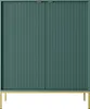 A front view of a green cabinet with gold handles and legs, set against a white background. Podgląd zdjęcia produktu