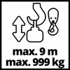An instructional diagram showing a hook and pulley system with an arrow indicating vertical movement, along with text specifying maximum lifting height and weight capacity. Náhľad obrázku produktu