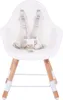 A white child's high chair with wooden legs and a gray safety harness, shown from the front on a white background. Produktbild-Vorschau
