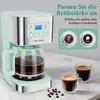 A coffee maker is shown with two cups of coffee and coffee beans scattered around. Text overlays describe the product's features. Produktbild-Vorschau