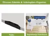 A collage showing a close-up of desk cable management accessories and a top-down view of an L-shaped standing desk with multiple monitors. Anteprima dell’immagine prodotto