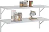 Two silver metal shelves mounted on white brackets, with various items on them. Produktbild-Vorschau