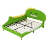 A green dinosaur-shaped bed frame with a yellow mane, shown from a diagonal angle against a white background. Produktbild-Vorschau