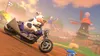 A cow character riding a motorcycle on a dirt track with windmills in the background. Produktbild-Vorschau