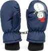 A pair of navy blue children's mittens with a snowman and penguin graphic on one mitten. Náhled obrázku produktu