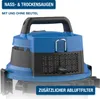 A blue and black vacuum cleaner is shown from a slightly elevated front-left angle against a white background. Text overlays highlight features. Produktbild-Vorschau
