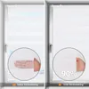 A split image showing a window with a white roller blind. The left side shows the blind at half darkness with a hand demonstrating the transparency, and the right side shows the blind at full darkness with text indicating 90% darkness. Produktbild-Vorschau