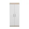A front view of a two-door wardrobe with a wood-tone top and base, and white doors with silver handles. Produktbild-Vorschau