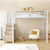 A white loft bed with stairs and storage is shown in a room with a chair and rug. Náhled obrázku produktu
