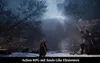 A person stands in a snowy, dark forest with light rays shining through the trees. Produktbild-Vorschau