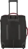 The back of a black rolling travel bag with red accents and a silver telescoping handle. Produktbild-Vorschau