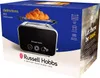 A product box for a Russell Hobbs toaster, featuring an image of the toaster with croissants on top, and marketing text. Produktbild-Vorschau